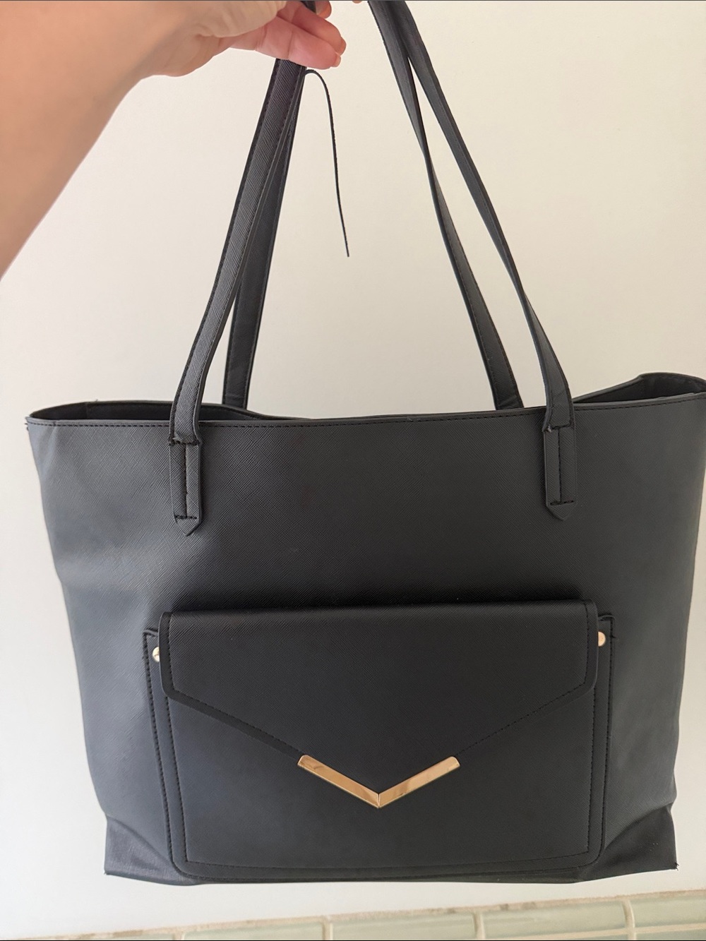 Black Women's Tote Bag with Front Pocket and Gold Accent